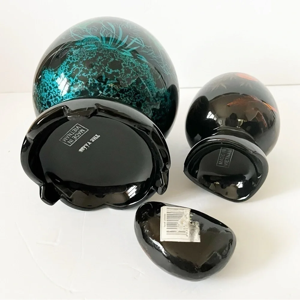 Black Lacquer Footed Wooden Bowl Boat Koi Iridescent Blue Paperweight Vietnam 3x